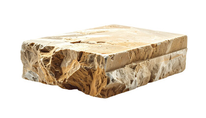 Fototapeta premium A natural rock block isolated on a white background, ideal for construction, landscaping, or decorative purposes.