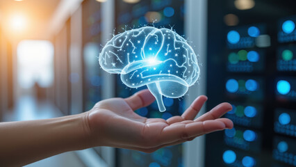 Innovative technology showcases digital brain hologram in hand, symbolizing artificial intelligence and data processing