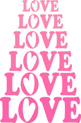Striking Valentine's Day vector card design featuring a groovy, vertically stacked pattern of the word "LOVE" in bright pink, with playful heart-shaped cutouts replacing the letter O.