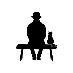 Silhouette of a person and cat sitting on a bench, Back view. Flat vector illustration design isolated on white background.