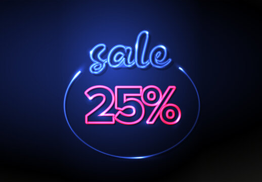 Neon Sale 25% Discount Sign Badge Tag with Blue and Pink Glow