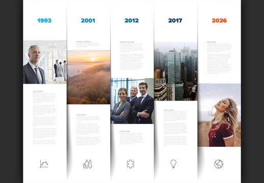 Timeline Infographic with Photo placeholders, Text, and Icons for Business Presentations