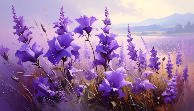 Beautiful painting of purple flowers in a field with mountains in the background
