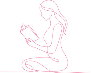 Woman Reading Book Line Art — Minimal Continuous Line Drawing of Girl with Open Book in Elegant Pose