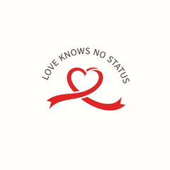 Inspiring red ribbon forms a heart with the powerful message 'Love Knows No Status,' symbolizing unity and compassion for all.