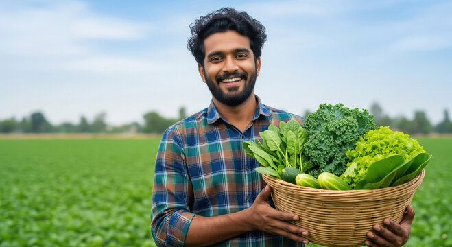 A happy Indian farmer smiles in his sunlit field, proudly holding a basket filled with fresh and colorful harvested vegetables.