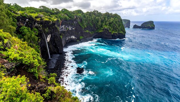 Coastal cliffs, waterfall, ocean waves crash against rocks