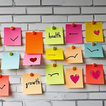 Colorful sticky notes with positive affirmations pinned to brick wall