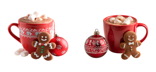 Cozy Hot Chocolate Mug with Gingerbread Man and Christmas Ornament isolated on transparent background