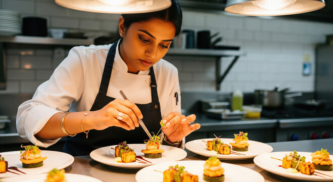 A skilled female chef in a blue apron carefully plates gourmet dishes with creative precision in restaurant kitchen.