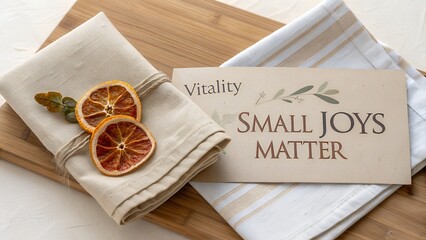 Dried citrus slices on linen napkin with vitality message