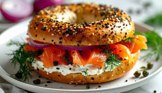 Close-up of a gourmet bagel sandwich with sesame topping, filled with cream cheese, smoked salmon, dill, capers, and red onion. Served on a white plate, ideal for a diet healthy and tasty.