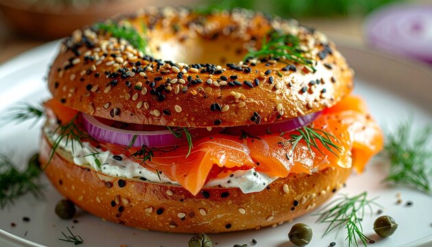 Close-up of a gourmet bagel sandwich with sesame topping, filled with cream cheese, smoked salmon, dill, capers, and red onion. Served on a white plate, ideal for a diet healthy and tasty.