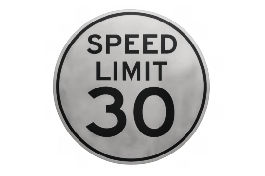 Round speed limit 30 road sign indicating driving regulation, traffic law, and safety on transparent background
