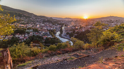 Sunset view of Sarajevo from most popular panoramic spot in Sarajevo timelapse.