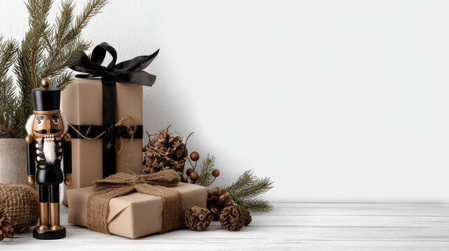 Christmas nutcracker stands beside rustic gift box with pine branch and pinecone on white wood table creating festive holiday atmosphere - Powered by Adobe