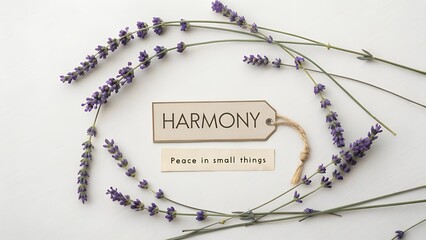 Dried lavender stems forming a circle around harmony message