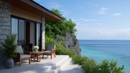 Scenic Cliffside Villa Overlooking Turquoise Waters and Lush Greenery in Bright Sunshine