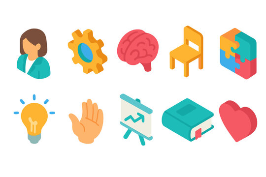 Education and training icon set. Puzzle, learning, school icons in isometric style.