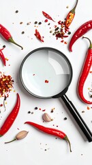 Overhead Composition of Red Chili Peppers Magnifying Glass and Spices on White Surface