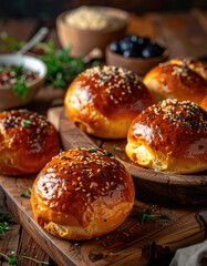Close Up of Golden Baked Brioche Buns on Wooden Board with Sesame Seeds Herbs and Spices on Rustic Table