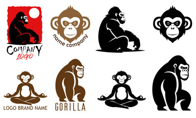 monkey gorilla chimpanzee logo creative and original for your business or company set logotype cartoon stock color and black and white vector illustration isolated on white background