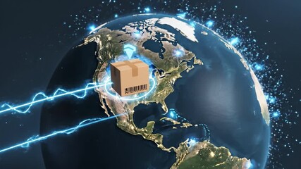 Package delivery concept featuring glowing electric lines connecting cardboard box on digital globe with barcode scanning, automated logistics, and fast shipping network across earth - Powered by Adobe
