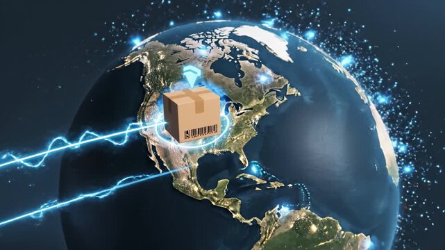 Package delivery concept featuring glowing electric lines connecting cardboard box on digital globe with barcode scanning, automated logistics, and fast shipping network across earth - Powered by Adobe