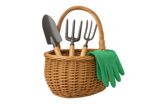Gardening tools and gloves in wicker basket