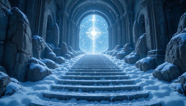 Icy Snowy Stairway Leading to a Glowing Portal in a Ruined Fantasy Temple