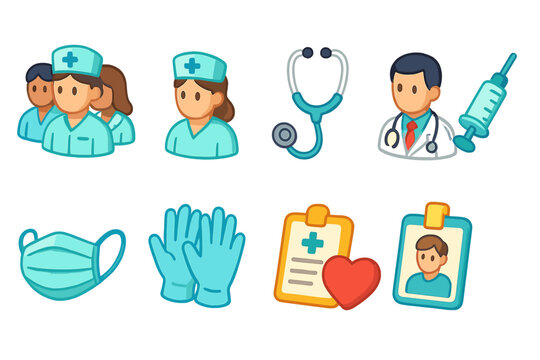 Medical and healthcare icon set. Doctor, nurse, and hospital items in flat style