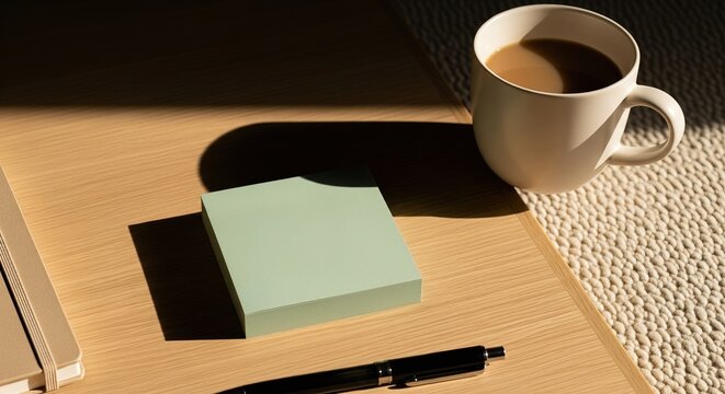 Minimalist home office setup with a cup of coffee and a notepad bathed in warm morning sunlight, creating a peaceful and productive workspace