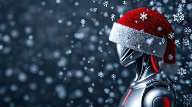 Christmas robot with red Santa hat stands in falling snow, futuristic holiday celebration with joyful winter atmosphere