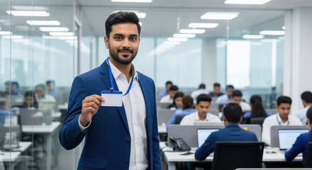 Fototapeta premium A confident young professional in blue suit displays his ID badge in a modern office