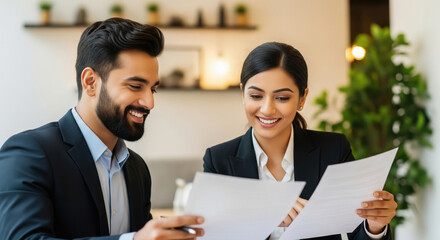 A professional man and woman in business attire smile and collaborate over documents in a modern office