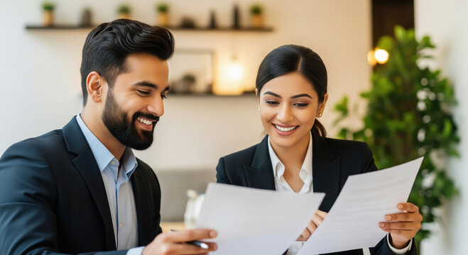 A professional man and woman in business attire smile and collaborate over documents in a modern office