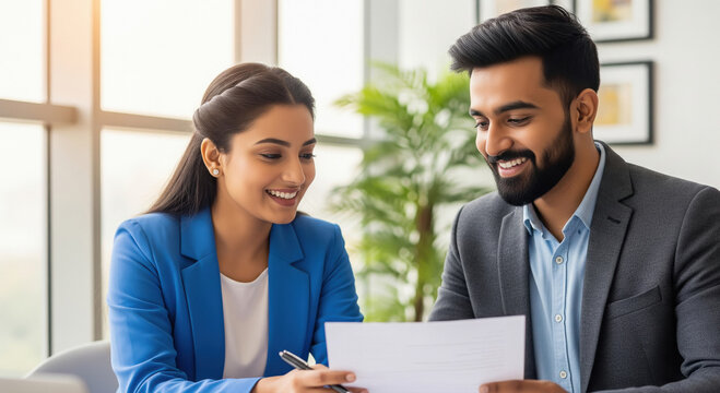 A professional man and woman in business attire smile and collaborate over documents in a modern office