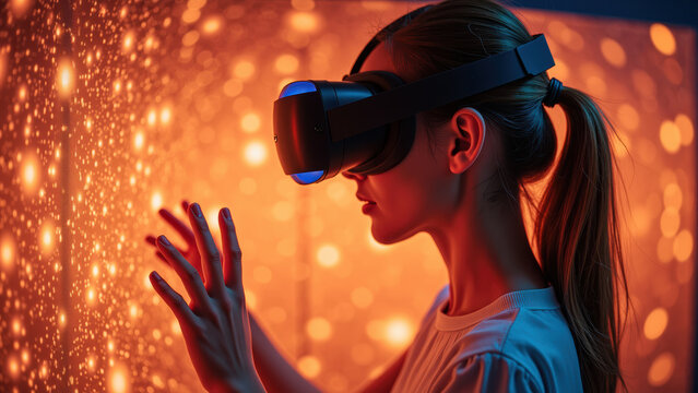 Immersive virtual reality experience with woman wearing headset, exploring vibrant digital environment filled with glowing particles