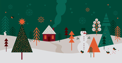 Magic Christmas forest with tiny house and snowman