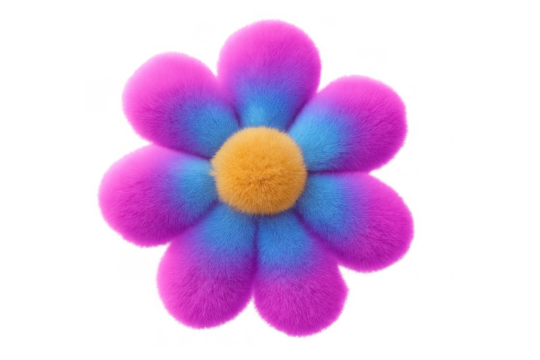 Fluffy colorful flower with vibrant pink, blue, and yellow petals, soft fur texture, and transparent background