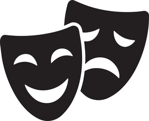 Comedy and tragedy masks icon in bold silhouette style, symbolizing theater and drama.