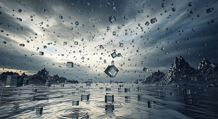 Digital Landscape with Floating Cubes on Water during a Stormy Weather