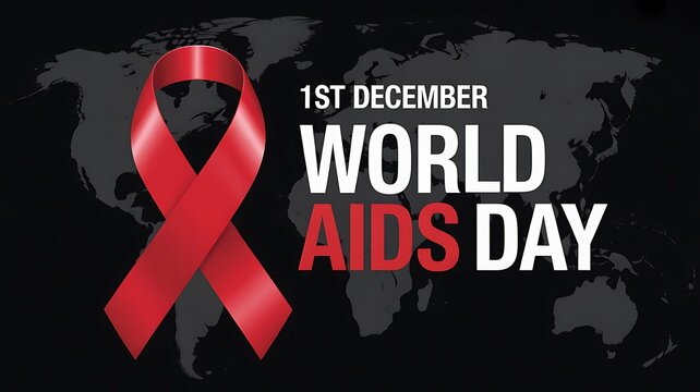 World aids day awareness poster with red ribbon and world map on dark background