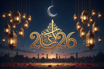 elegant islamic NEW YEAR 2026 art frame with golden arabic script and glowing lamps