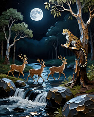 Naklejka premium Wild cheetah in forest watching Deers crossing the river at night 
