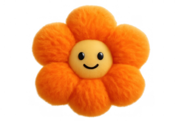 Orange fluffy flower plush toy with a happy smiling face expressing joy, happiness, and innocence on a transparent background