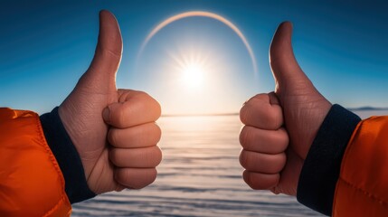 Dual thumbs up against a radiant sun signaling positivity and determination in a vast snowy landscape under an azure sky promoting resilience and achievement captured with clarity