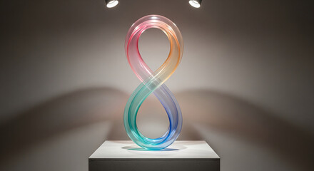 A translucent infinity figure with rainbow hues stands on a white display, bathed in light, representing abstract concept of endlessness and connection