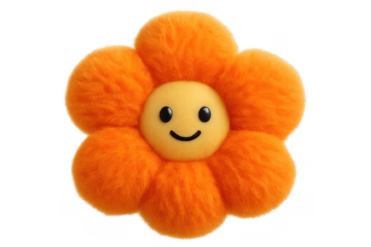 Orange fluffy flower plush toy with a happy smiling face expressing joy, happiness, and innocence on a transparent background