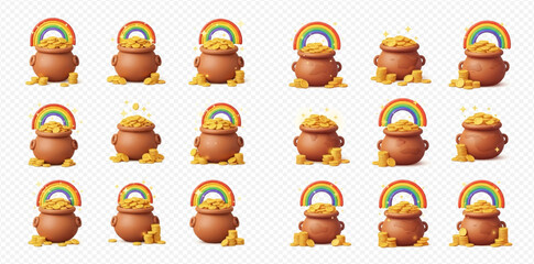 Collection of 3D rendered pots of gold with rainbows and spilling coins, symbolizing luck and treasure.